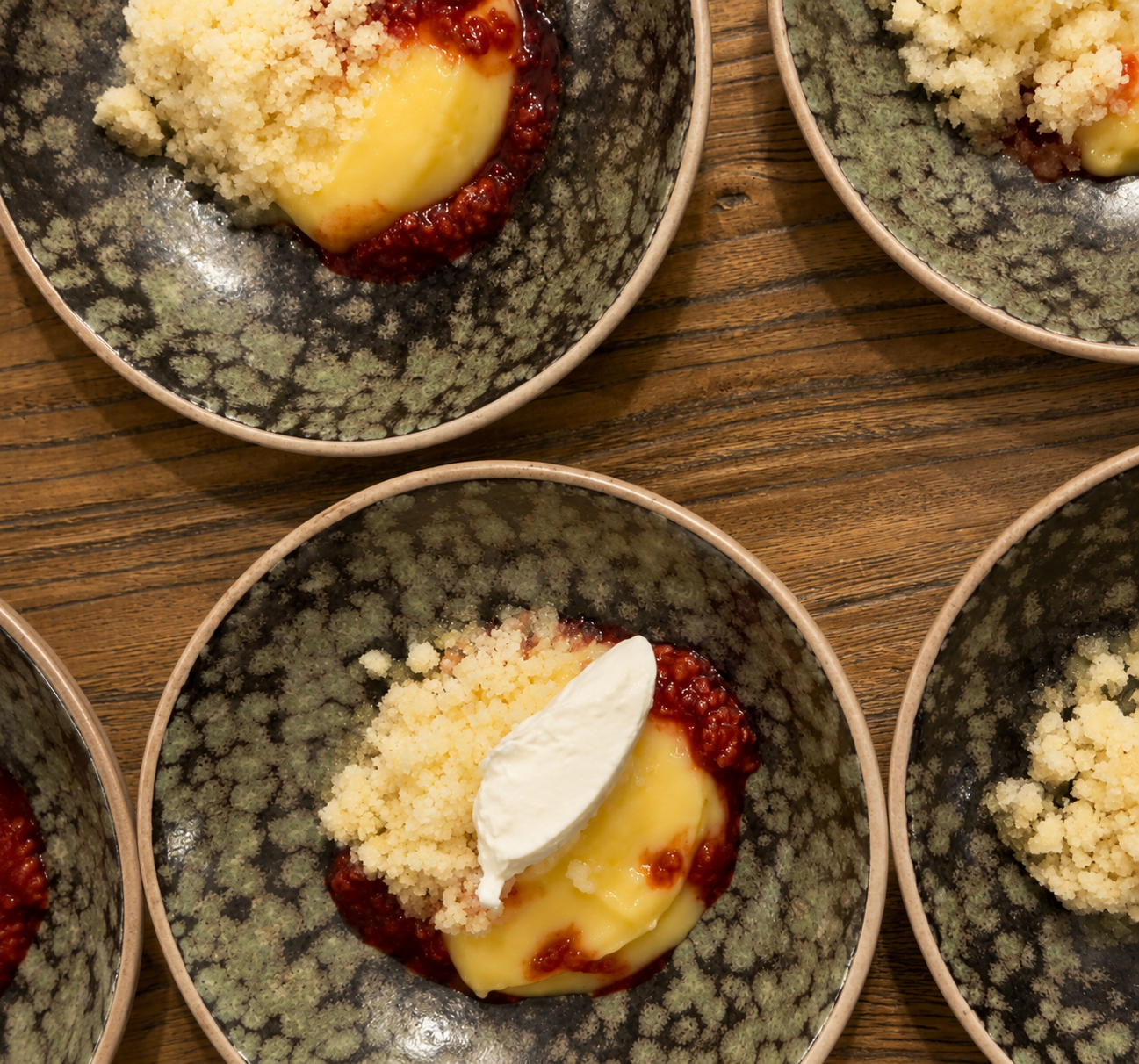Crème, roasted stone fruit, crumble